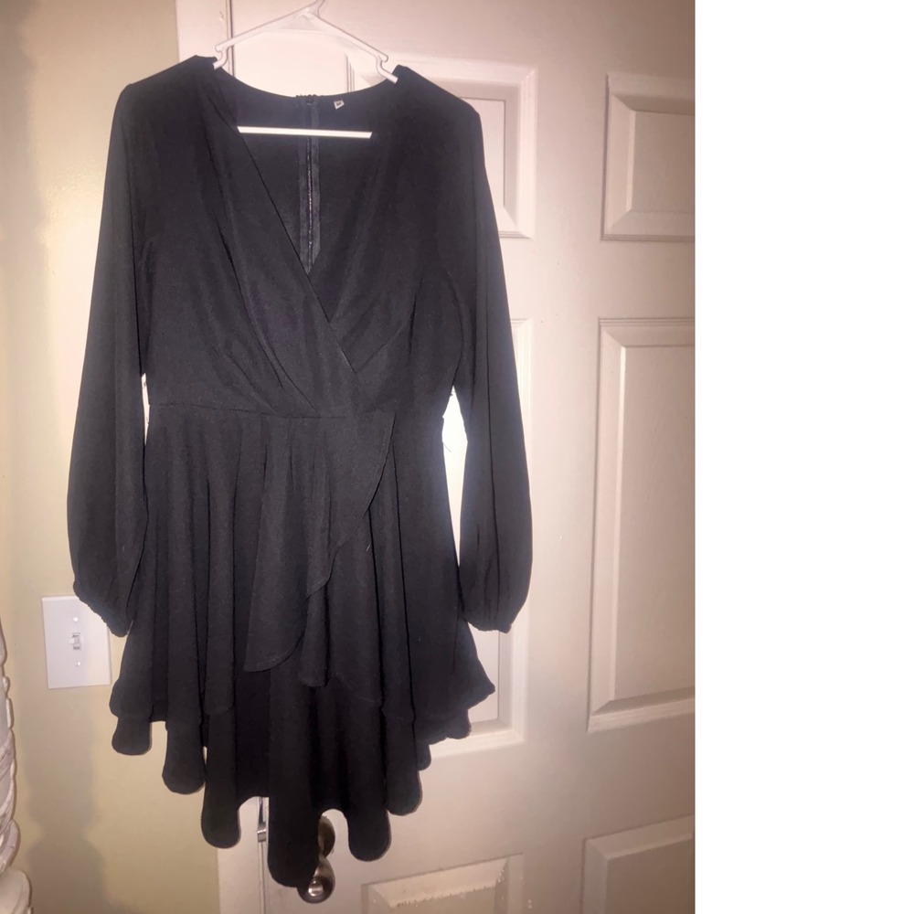 Unbranded Black V-Neck Ruffle High-Low Long Sleeve Mini Dress Womens Medium